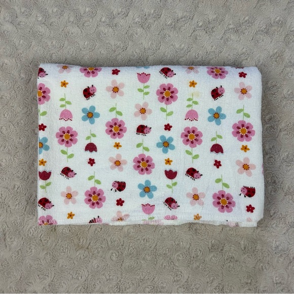 Carter's Floral Ladybug Baby Blanket Flannel Receiving White Pink Blue Flower - Picture 1 of 10